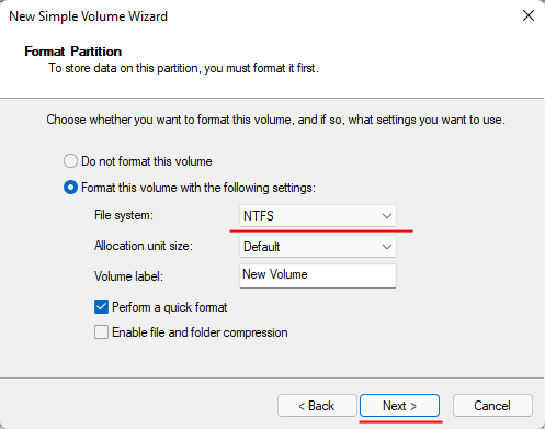 Choose the file system for the new volume
