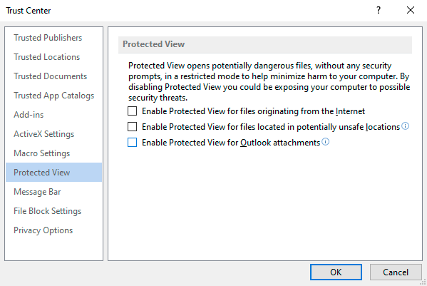 Disabling secure browsing and blocking of files downloaded from the Internet in Windows