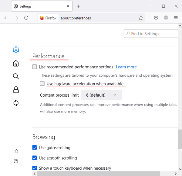 Turning off the hardware acceleration in Mozilla Firefox