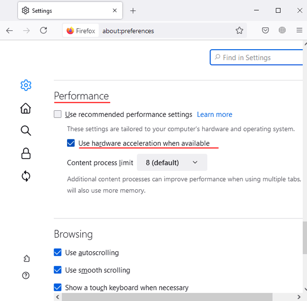 Turning on the hardware acceleration in Mozilla Firefox
