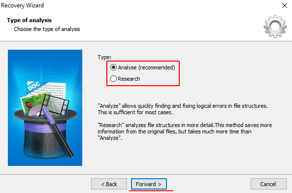 Choosing the scan type in RS File Repair