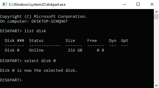 Enter the command select disk