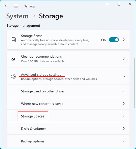 Windows 11 Storage Spaces location