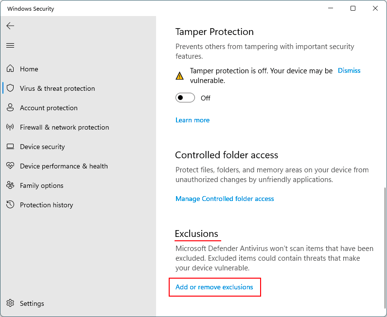 Defender Windows 11 exceptions