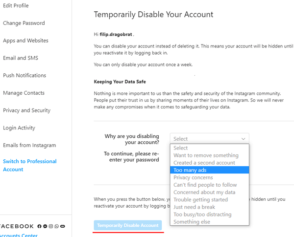 Temporarily disable account in the Instagram