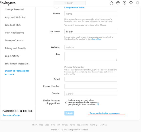 Instagram account settings in the browser