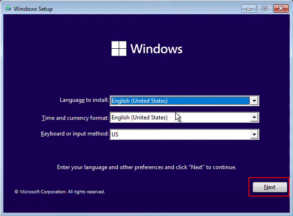 Windows installation standard window
