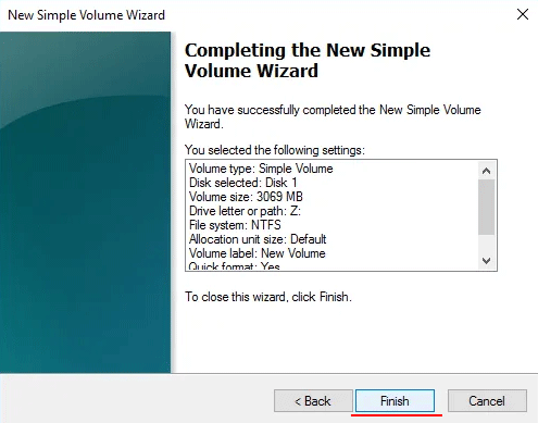 New Volume Wizard Finish