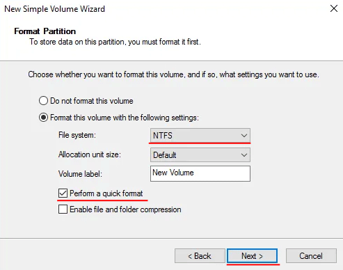Choose the file system for the new volume
