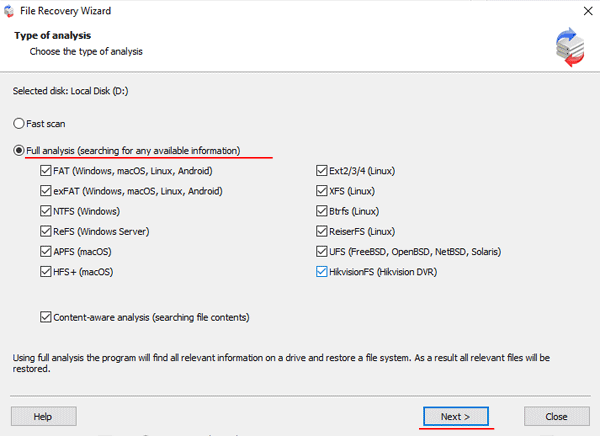 Choose the scanning type and file system