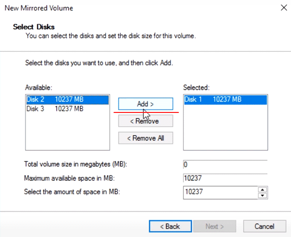 Adding drives to the new mirrored volume