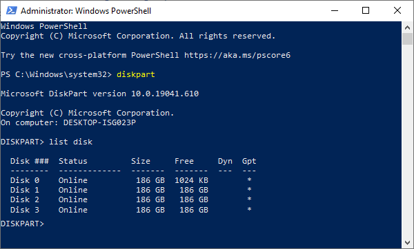 Performing the list disk command