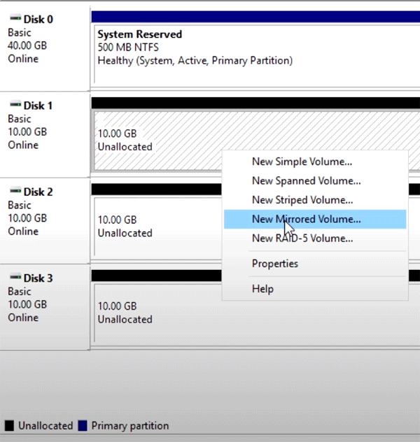 Create new mirrored volume