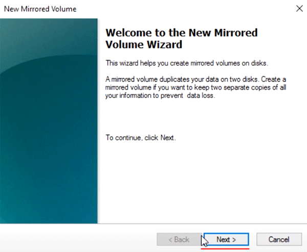 New Mirrored Volume Wizard
