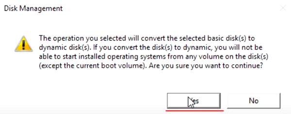 Warning about converting the disks to dynamic