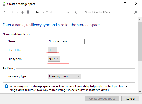 Choose the letter and file system for the RAID array