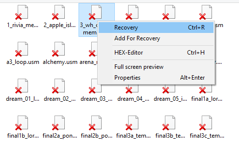 Choosing files for extracting/recovery