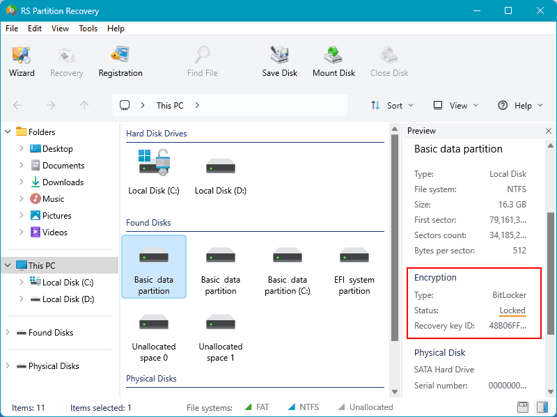 RS Partition Recovery detects a BitLocker volume