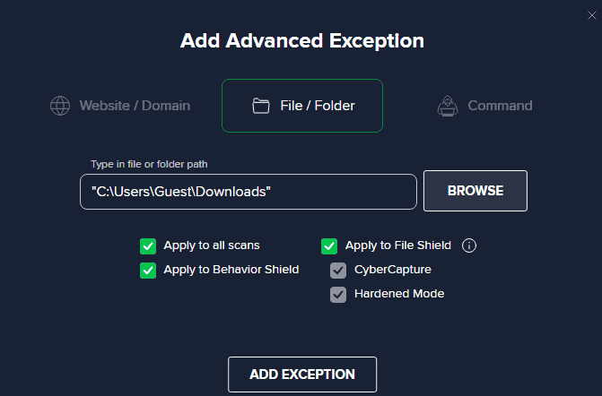 Add the advanced Avast Exception