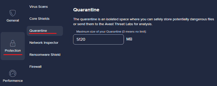 Avast quarantine settings