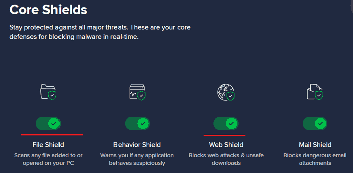 Disabling the Avast core shields