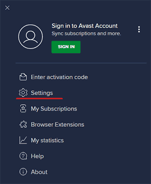 The Avast settings