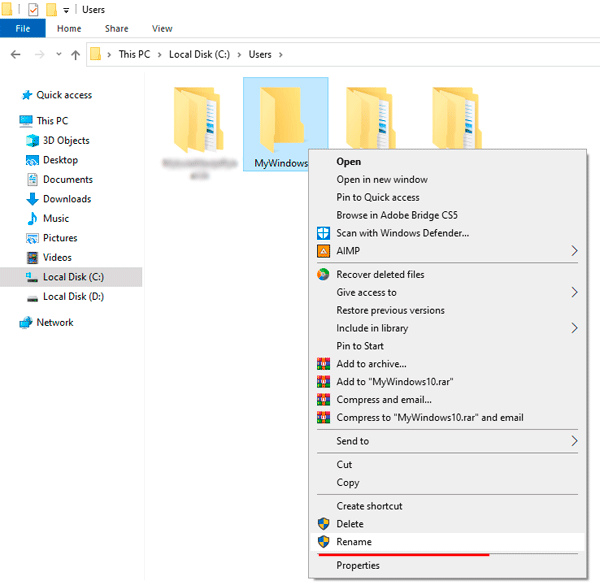How to rename a user data folder in Windows 10