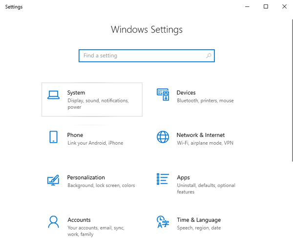 Windows settings window