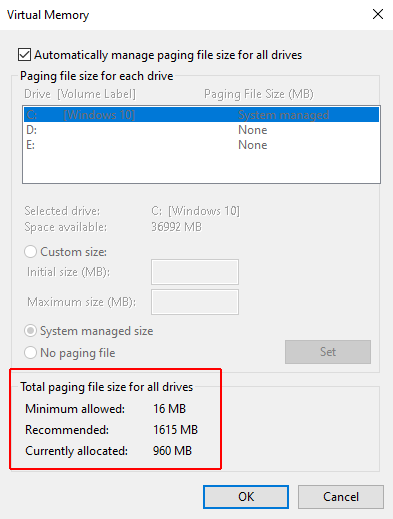 Total paging file size on all drives