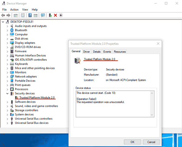 Enabled TPM 2.0 in device manager