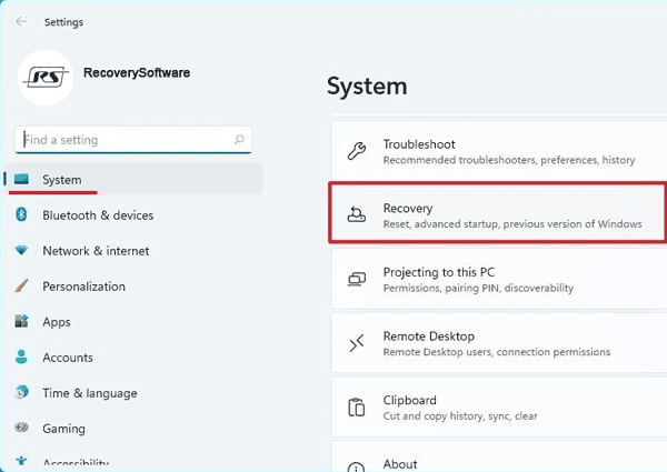 Entering the recovery menu in Windows 11