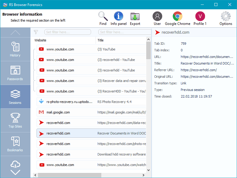 RS Browser Forensics - user sessions