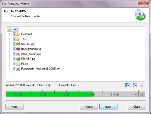 Save recovered files to CD / DVD