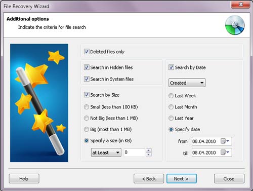 Filter deleted files by date, size, and time