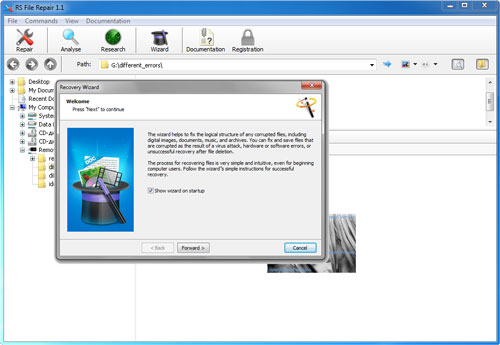 The program’s wizard for recovering corrupted files