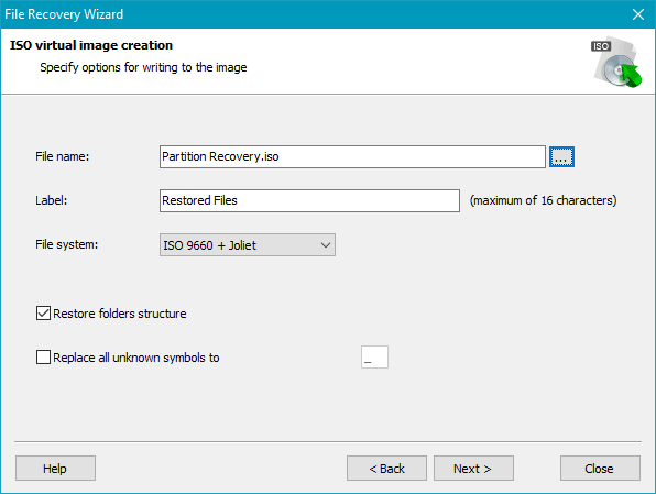 RS Partition Recovery - save all recovered files to one ISO file