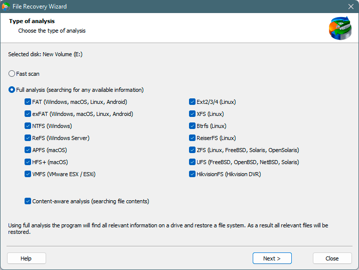 RS Partition Recovery - select the type of analysis