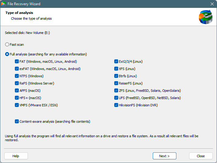 Choose the type of analysis